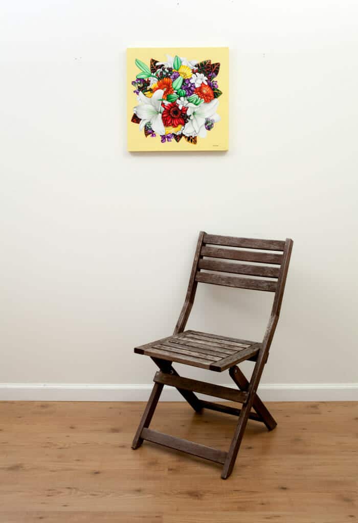 Tara's Bridal Bouquet - original painting, front with chair