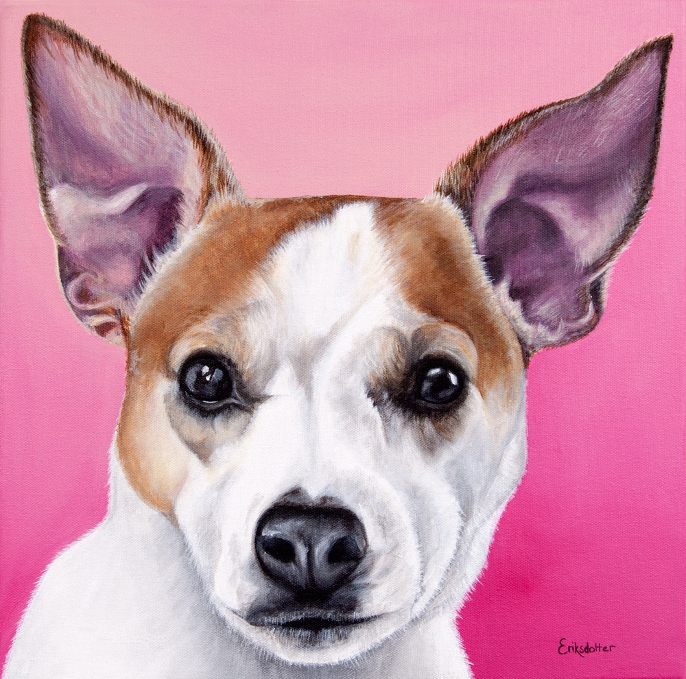 Custom dog portrait of Olive, a jack russell and chihuahua dog by fine arts painter Erica Eriksdotter, close up
