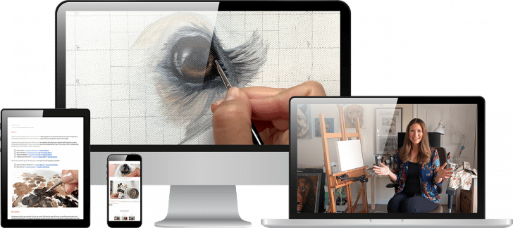 Erica Eriksdotter teaching her on-demand course 'How to Paint Soulful Eyes,' featuring a custom pet portrait demonstration across various devices.