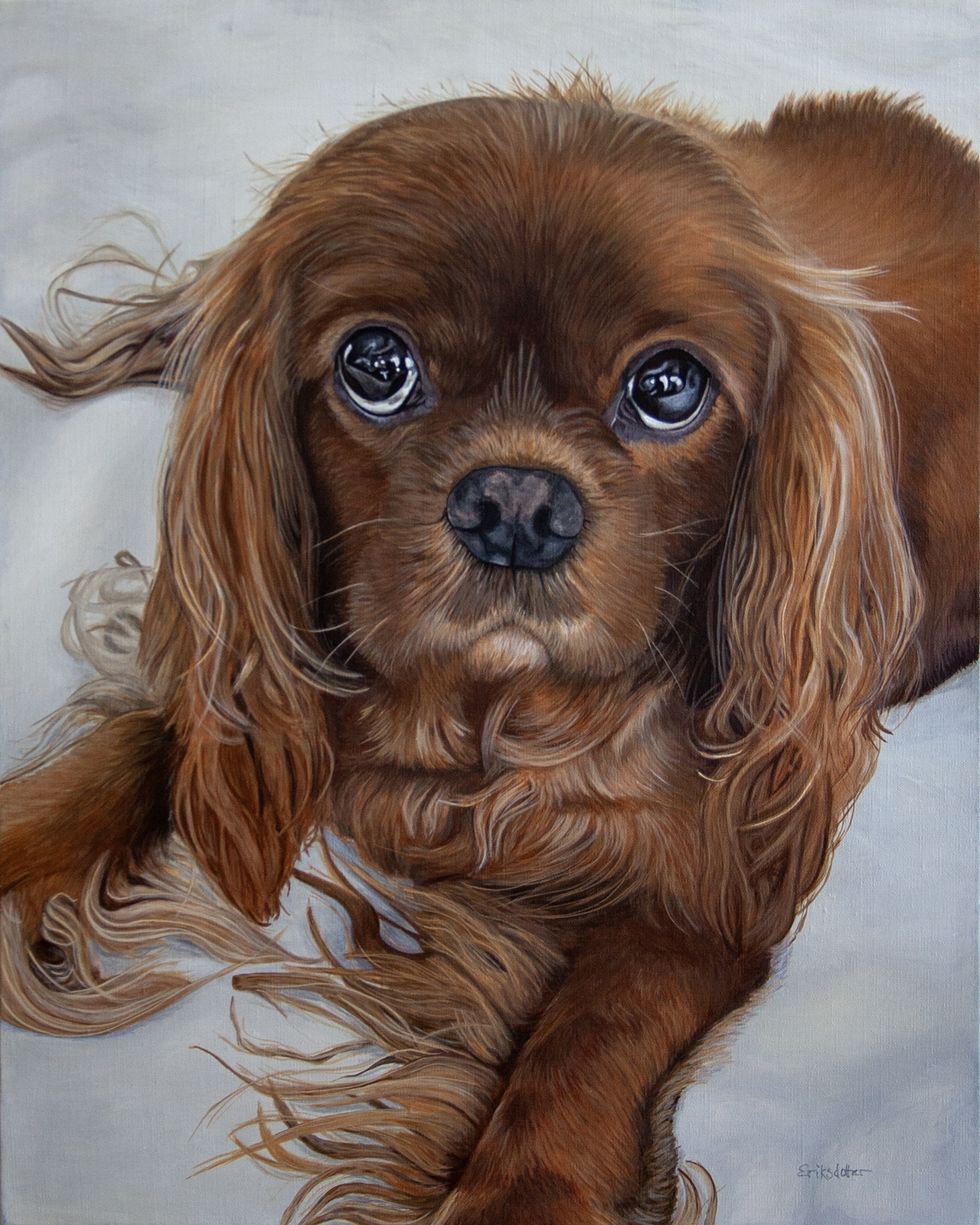 Realistic custom pet portrait of a chestnut Cavalier King Charles Spaniel with soulful eyes, painted by Erica Eriksdotter